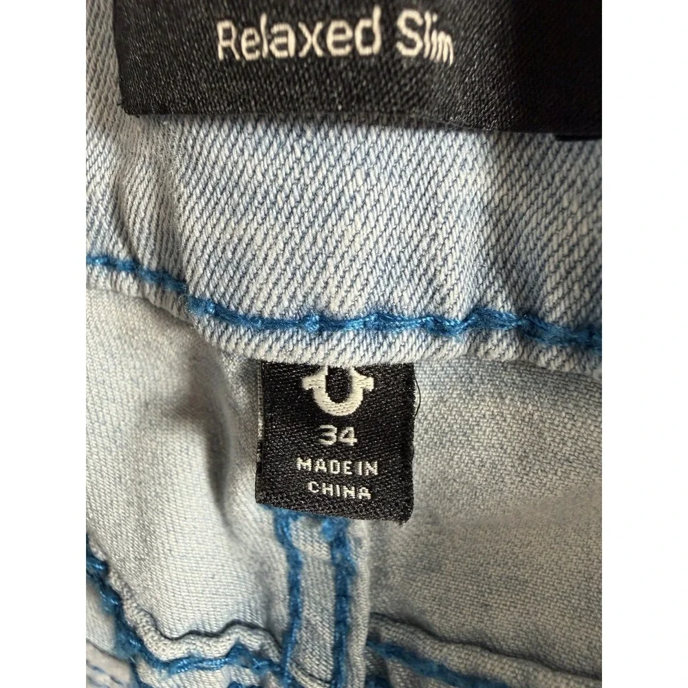 True Religion Geno Big T Flap Jeans 34x32 Light Wash Blue Tonal Stitch New